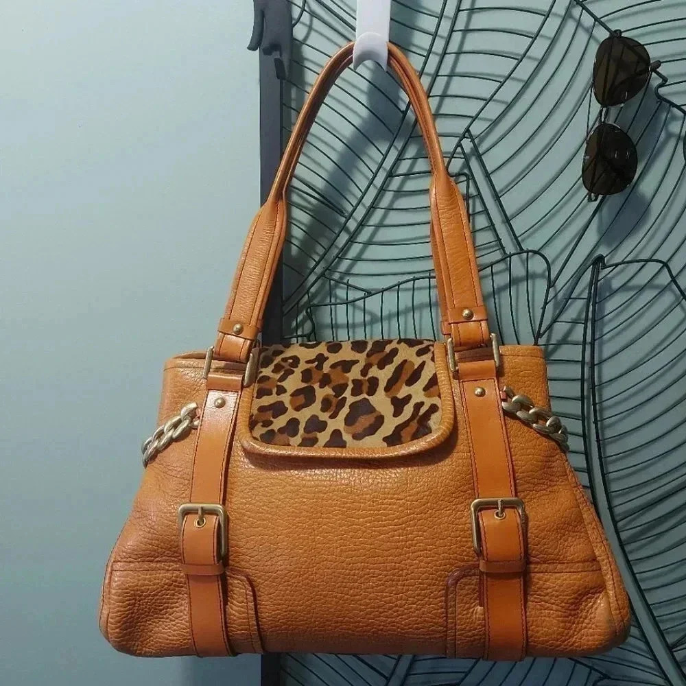 Kenneth Cole | Camel Leather Leopard Gold Brushed Tone Chain Details  Bag